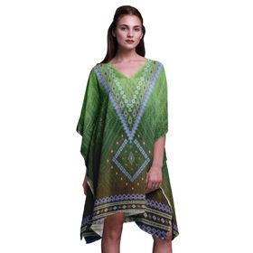 Phagun Yeşil Aztek Geometrik Kısa Plaj Kaftan Bikini Örtü Midi Orman Yeşili Kadın Elbise