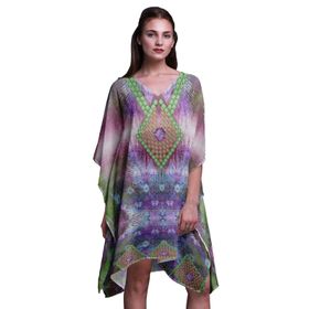 Phagun Yeşil Çiçekli ve Hayvan Derisi Plaj Kaftan Bikini Örtü Midi Kısa Kaftan Ametist Kadın Elbise