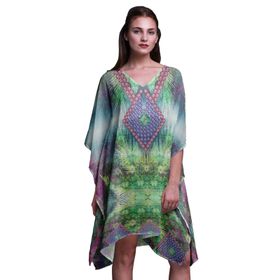 Phagun Yeşil Çiçekli ve Hayvan Derisi Plaj Kaftan Bikini Örtü Midi Kısa Kaftan Nane Yeşili Kadın Elbise