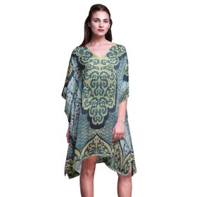 Phagun Yeşil Çiçekli ve Şal Desenli Kaftan Tatil Ev Kıyafeti Midi Plaj Örtüsü Turkuaz Yeşil Kadın Elbise
