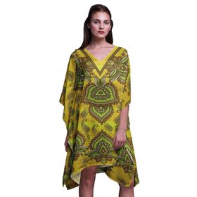 Phagun Yeşil Çiçekli ve Şal Desenli Kaftan Tatil Ev Kıyafeti Midi Plaj Örtüsü Yellow Kadın Elbise