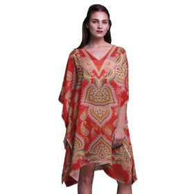 Phagun Yeşil Çiçekli ve Şal Desenli Plaj Kaftan Bikini Örtü Midi Kısa Kaftan Koyu Şeftali Kadın Elbise