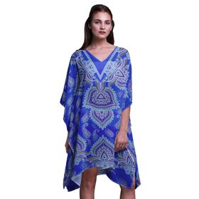 Phagun Yeşil Çiçekli ve Şal Desenli Plaj Kaftan Bikini Örtü Midi Kısa Kaftan Kraliyet Mavisi Kadın Elbise