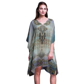 Phagun Yeşil Çiçekli ve Şal Desenli Plaj Kaftan Bikini Örtü Midi Kısa Kaftan Nane Yeşili Kadın Elbise
