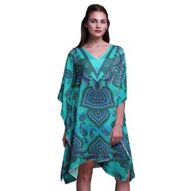 Phagun Yeşil Çiçekli ve Şal Desenli Plaj Kaftan Bikini Örtü Midi Kısa Kaftan Turkuaz Yeşil Kadın Elbise