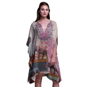 Phagun Yeşil Fil Hayvan Plaj Kaftan Bikini Örtü Midi Kısa Kaftan Şeftali Kadın Elbise