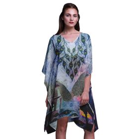 Phagun Yeşil Tavuskuşu Mughal Kaftan Tatil Ev Kıyafeti Midi Plaj Örtüsü Açık Lavanta Mavisi Kadın Elbise