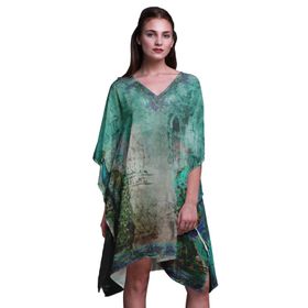 Phagun Yeşil Tavuskuşu Mughal Plaj Kaftan Bikini Örtü Midi Kısa Kaftan Akuamarin Yeşili Kadın Elbise