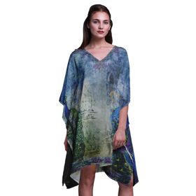 Phagun Yeşil Tavuskuşu Mughal Plaj Kaftan Bikini Örtü Midi Kısa Kaftan Akuamarin Yeşili Kadın Elbise