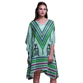 Phagun Yeşil Tribal Afrika Plaj Kaftan Bikini Örtü Midi Kısa Kaftan Akuamarin Yeşili Kadın Elbise