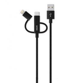 Philips DLC2608BK Siyah 3’ü 1 Arada Örgü Şarj ve Data Kablosu