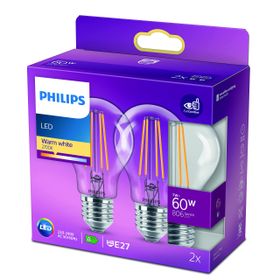 Philips LED Dim Edilmez 2'li Ekopaket Classic 60 W A60 Filament Ampul 2700 Sarı Işık E27 Normal Duy