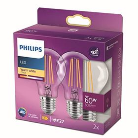 Philips LED Dim Edilmez 2'li Ekopaket Classic 60 W A60 Filament Ampul 2700 Sarı Işık E27 Normal Duy