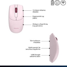 Philips SPK7398P Pembe Optik Sessiz Kablosuz Mouse