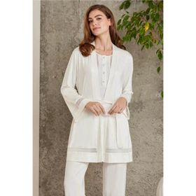 Pierre Cardin 2800 Kadın Ekru Dantelli Penye 3'lü Sabahlıklı Pijama Takım