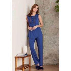 Pierre Cardin 2800 Lacivert Kadın Penye Dantelli Sabahlıklı Pijama Takım