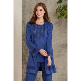 Pierre Cardin 2800 Lacivert Kadın Penye Dantelli Sabahlıklı Pijama Takım