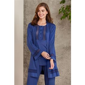 Pierre Cardin 2800 Lacivert Kadın Penye Dantelli Sabahlıklı Pijama Takım