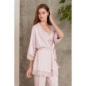 Pierre Cardin 2810 Pudra Dantelli Penye Kadın Sabahlıklı Pijama Takımı