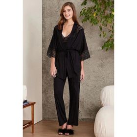 Pierre Cardin 2820 Siyah Kadın Penye Dantelli Sabahlıklı Pijama Takım
