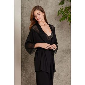 Pierre Cardin 2820 Siyah Kadın Penye Dantelli Sabahlıklı Pijama Takım