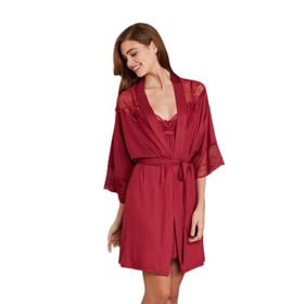 Pierre Cardin 4010 Bordo Kadın Dantelli Penye Gecelik Sabahlık Takım