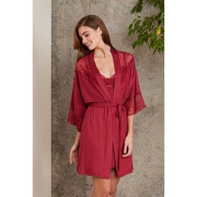 Pierre Cardin 4010 Bordo Kadın Dantelli Penye Gecelik Sabahlık Takım