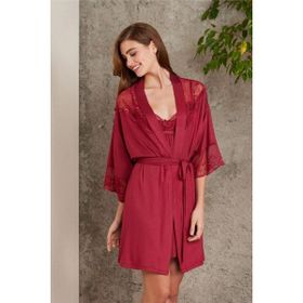 Pierre Cardin 4010 Bordo Kadın Dantelli Penye Gecelik Sabahlık Takım