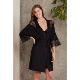 Pierre Cardin 4010 Siyah Kadın Dantelli Penye Gecelik Sabahlık Takım
