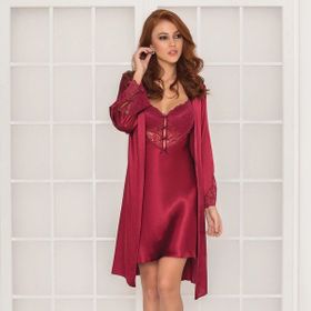 Pierre Cardin 4300 Bordo 2'li Saten Kısa Gecelik Sabahlık
