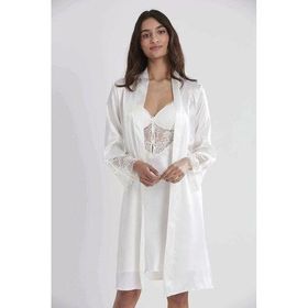 Pierre Cardin 4300 Ekru 2'li Saten Kısa Gecelik Sabahlık