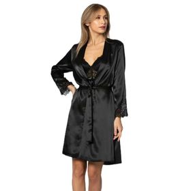 Pierre Cardin 4300 Siyah 2'li Saten Kısa Gecelik Sabahlık