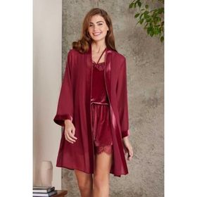 Pierre Cardin 4800 Bordo Kadın Dantelli Kadife Tulum Sabahlık Takım