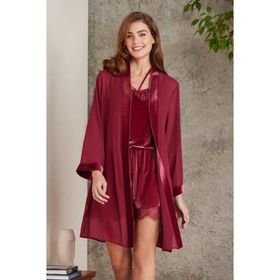 Pierre Cardin 4800 Bordo Kadın Dantelli Kadife Tulum Sabahlık Takım