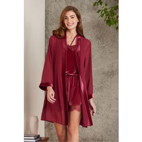 Pierre Cardin 4800 Bordo Kadın Dantelli Kadife Tulum Sabahlık Takım