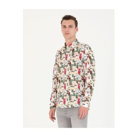 Pierre Cardin 50265034-VR027 Haki Desenli Erkek Gömlek