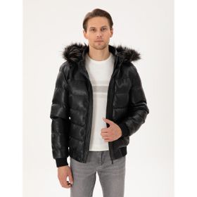 Pierre Cardin 50300556-001 Siyah Kapüşonlu Suni Deri Erkek Mont