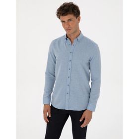 Pierre Cardin 50316768-VR036 Mavi Slim Fit Dokulu Uzun Kollu Erkek Gömlek