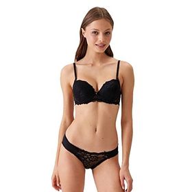 Pierre Cardin Siyah 4561 Milan Push Up Dolgulu Dantelli Çeyiz Sütyen ve Külot İç Çamaşır Takımı