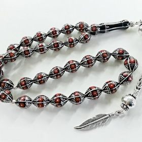 Pigado 925 Ayar Gümüş Arpa Kesim Mercan İşlemeli Oltu Taşı Tesbih
