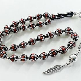 Pigado 925 Ayar Gümüş Arpa Kesim Mercan İşlemeli Oltu Taşı Tesbih