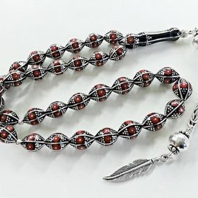 Pigado 925 Ayar Gümüş Arpa Kesim Mercan İşlemeli Oltu Taşı Tesbih