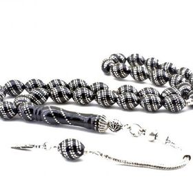 Pigado 925 Ayar Gümüş Çift Sıra İşlemeli Erzurum Oltu Taşı Tesbih