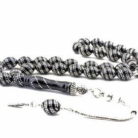 Pigado 925 Ayar Gümüş Çift Sıra İşlemeli Erzurum Oltu Taşı Tesbih