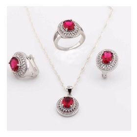 Pigado 925 Ayar Gümüş Kırmızı Oval Zirkon Taşlı Set