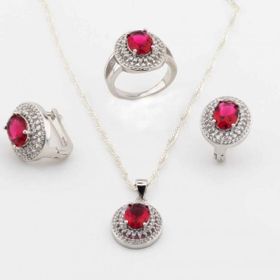 Pigado 925 Ayar Gümüş Kırmızı Oval Zirkon Taşlı Set