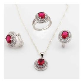 Pigado 925 Ayar Gümüş Kırmızı Oval Zirkon Taşlı Set