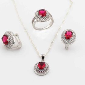 Pigado 925 Ayar Gümüş Kırmızı Oval Zirkon Taşlı Set
