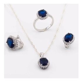 Pigado 925 Ayar Gümüş Mavi Zirkon Taşlı Oval Model Bayan Set