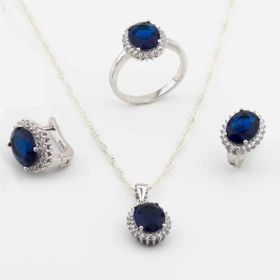 Pigado 925 Ayar Gümüş Mavi Zirkon Taşlı Oval Model Bayan Set